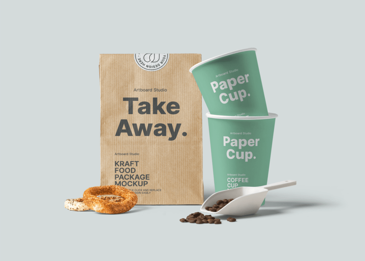 You can add any graphics and use the smart layer to . Kraft Paper Bag And Paper Cup Mockup Template